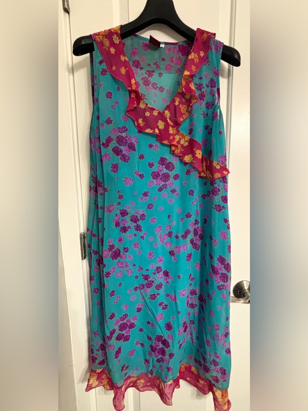 00s Vintage Silk Johnny Was Turquoise Dress with Fuchsia Floral Print Size Large